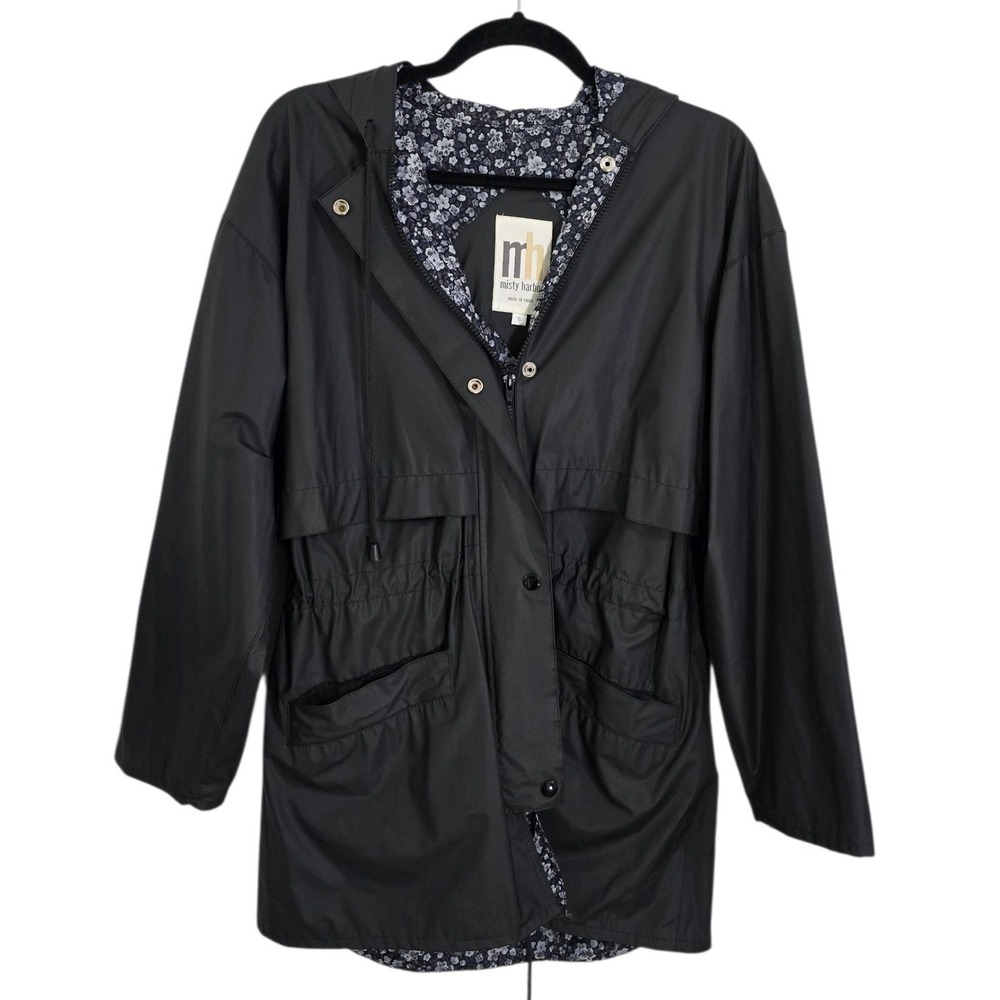 Misty Harbor Black Raincoat Women's Floral‎ Lined Hooded Lightweight Jacket